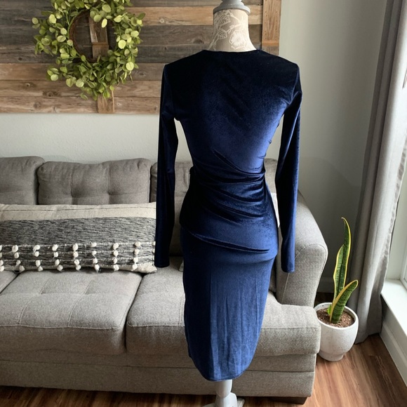 Boohoo Velvet Tie Waist Wrap Midi Dress- Navy - Picture 8 of 14